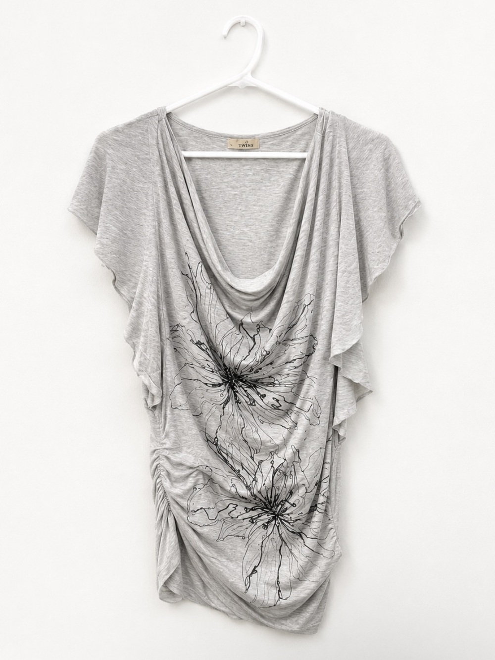 Devotion TWINS Gray Asymmetrical Cowl Neck Floral Tunic Top Medium
